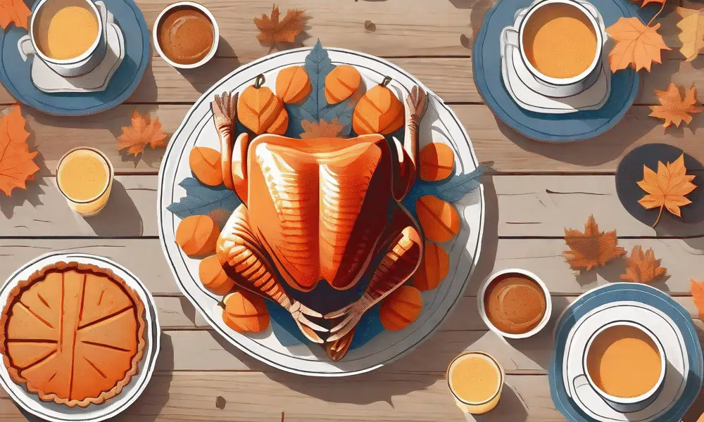 Bild von Truthahn auf Tisch in Orange blau und Kaffee und Kuchen