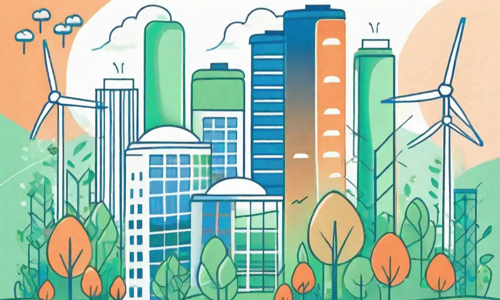 Häuser mit Bäumen in Grün, orange, blau