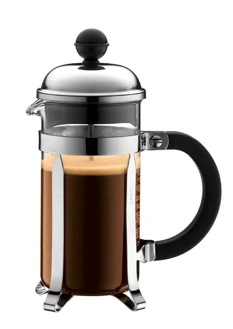 French_Press mit Kaffee und Kaffeschaum - schwarzer Henkel rechts
