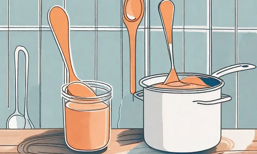 Bild von Holzkochlöffel in Küche in Marmeladenglas und Topf