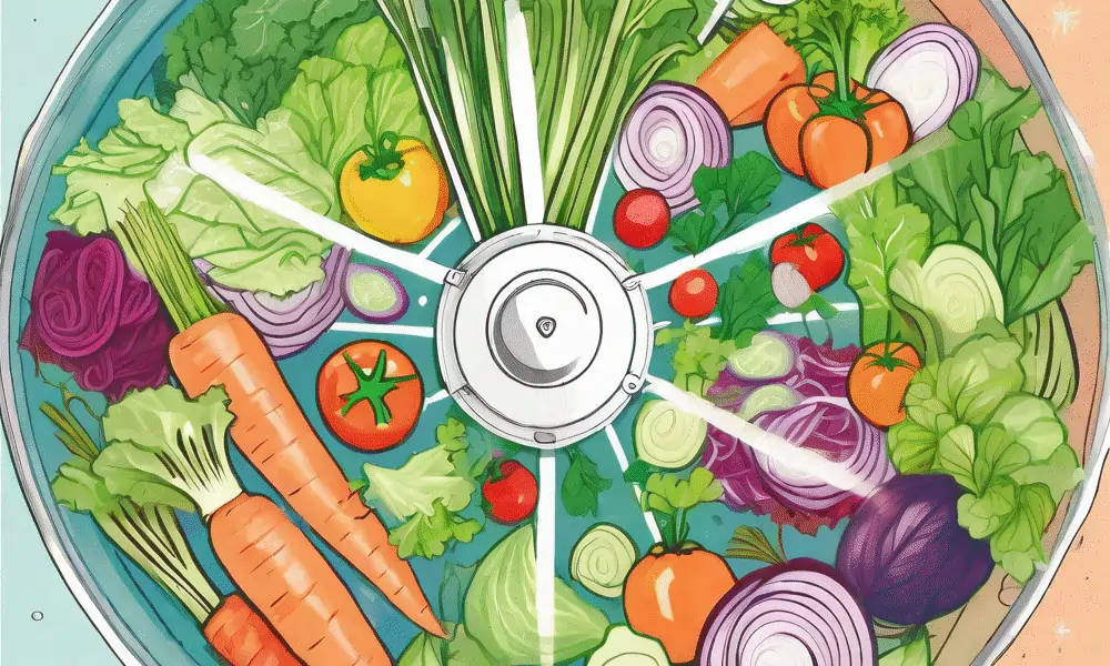 Bild von Salatschleuder mit Salat Karotten Tomaten Zwibeln 