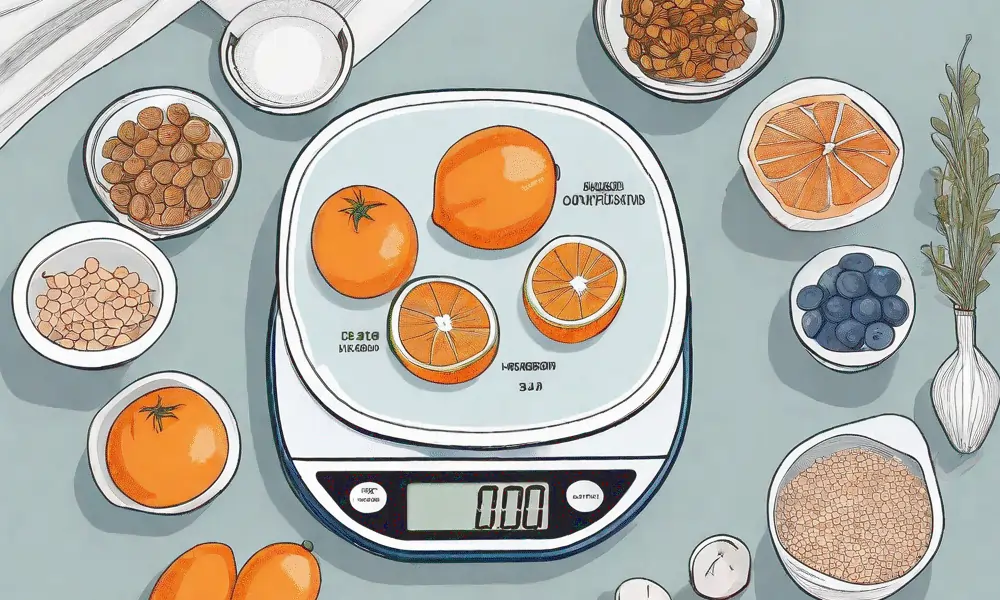 Bild von digitaler Küchenwaage mit Orangen und Beeren und Nüssen